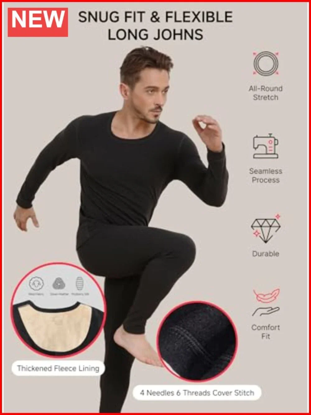 Men's Thermal Long Johns Set with Fleece Lining Base Layer